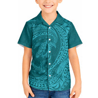 Hawaiian Turtle and Shark Hawaiian Shirt Kakau Tribal with Polynesian Pattern Turquoise Color