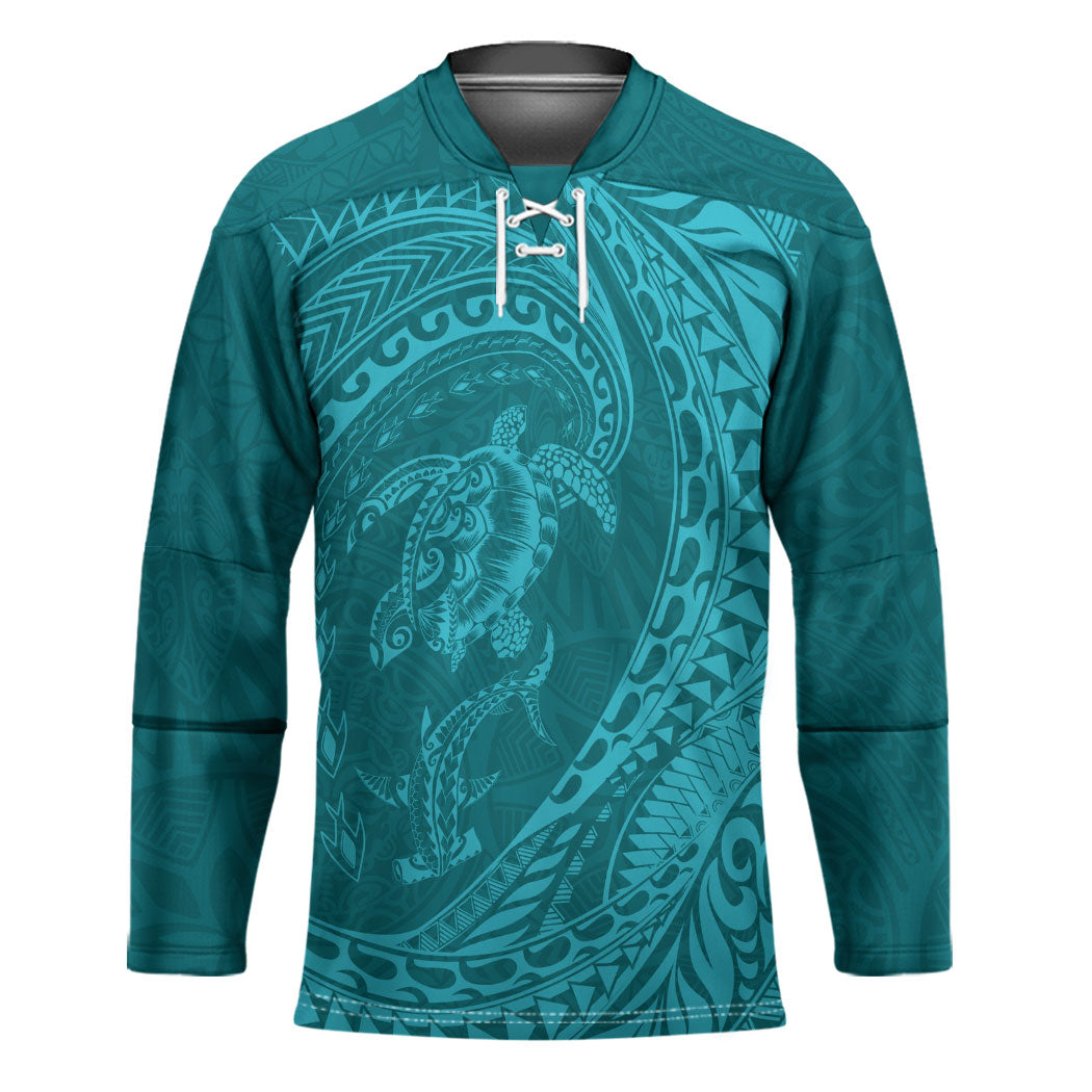 Hawaiian Turtle and Shark Hockey Jersey Kakau Tribal with Polynesian Pattern Turquoise Color