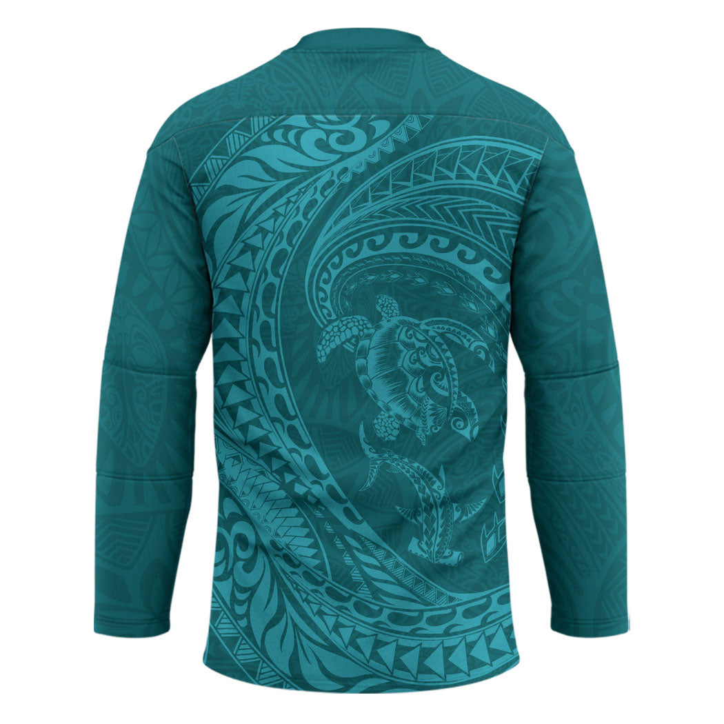 Hawaiian Turtle and Shark Hockey Jersey Kakau Tribal with Polynesian Pattern Turquoise Color