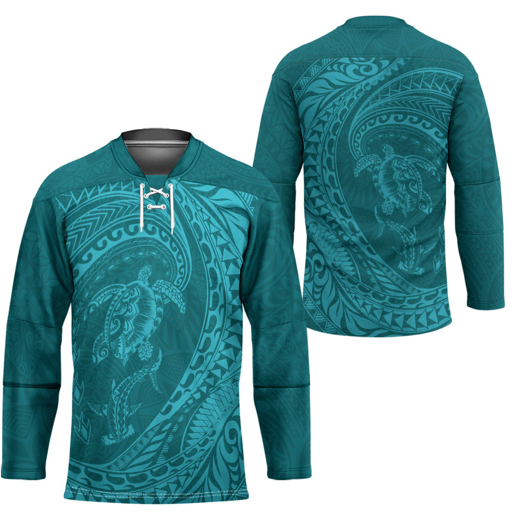 Hawaiian Turtle and Shark Hockey Jersey Kakau Tribal with Polynesian Pattern Turquoise Color