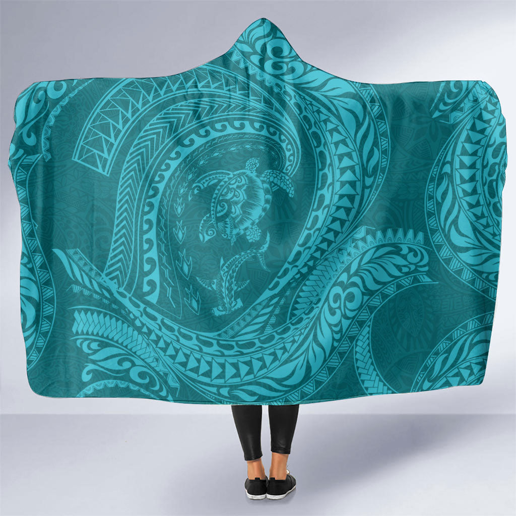 Hawaiian Turtle and Shark Hooded Blanket Kakau Tribal with Polynesian Pattern Turquoise Color