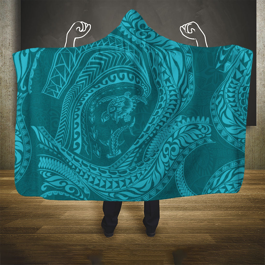 Hawaiian Turtle and Shark Hooded Blanket Kakau Tribal with Polynesian Pattern Turquoise Color