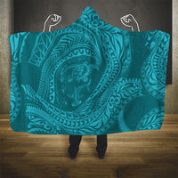 Hawaiian Turtle and Shark Hooded Blanket Kakau Tribal with Polynesian Pattern Turquoise Color