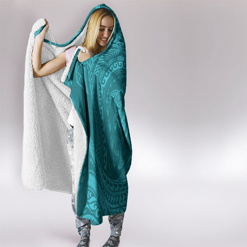 Hawaiian Turtle and Shark Hooded Blanket Kakau Tribal with Polynesian Pattern Turquoise Color