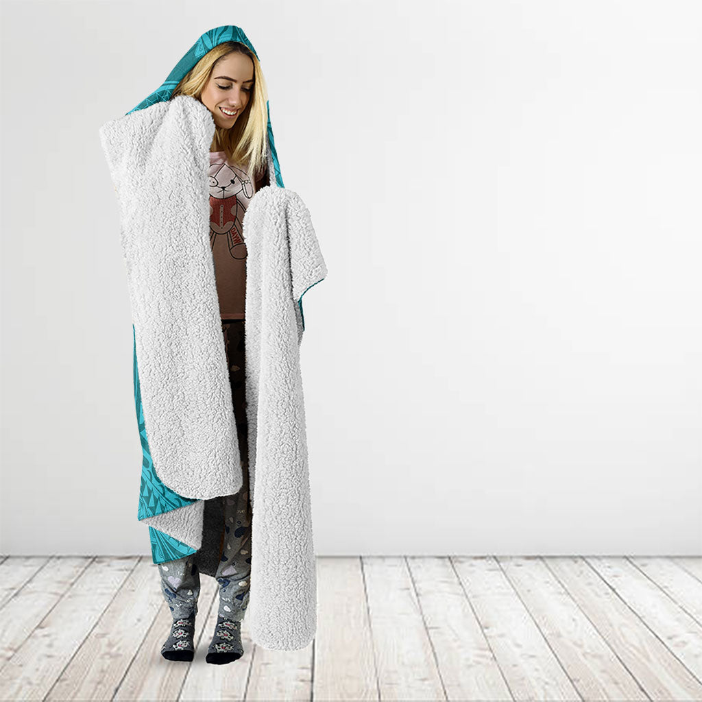 Hawaiian Turtle and Shark Hooded Blanket Kakau Tribal with Polynesian Pattern Turquoise Color