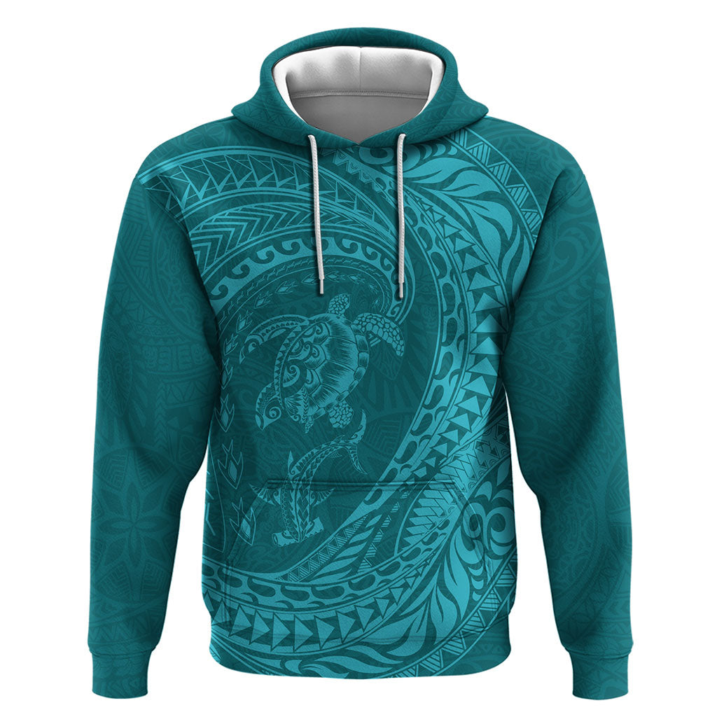 Hawaiian Turtle and Shark Hoodie Kakau Tribal with Polynesian Pattern Turquoise Color