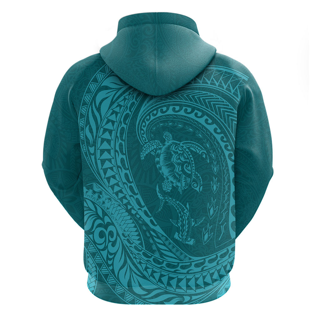 Hawaiian Turtle and Shark Hoodie Kakau Tribal with Polynesian Pattern Turquoise Color