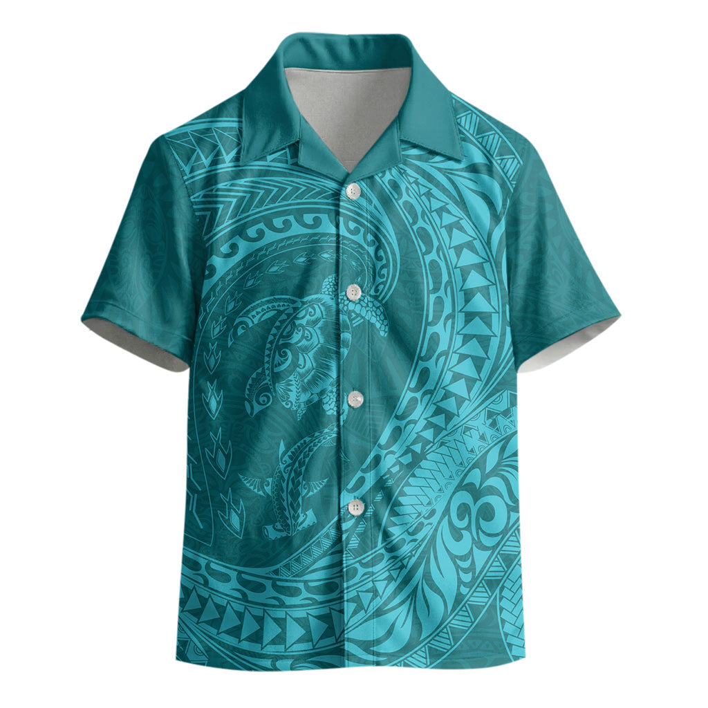 Hawaiian Turtle and Shark Kid Hawaiian Shirt Kakau Tribal with Polynesian Pattern Turquoise Color