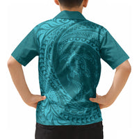 Hawaiian Turtle and Shark Kid Hawaiian Shirt Kakau Tribal with Polynesian Pattern Turquoise Color