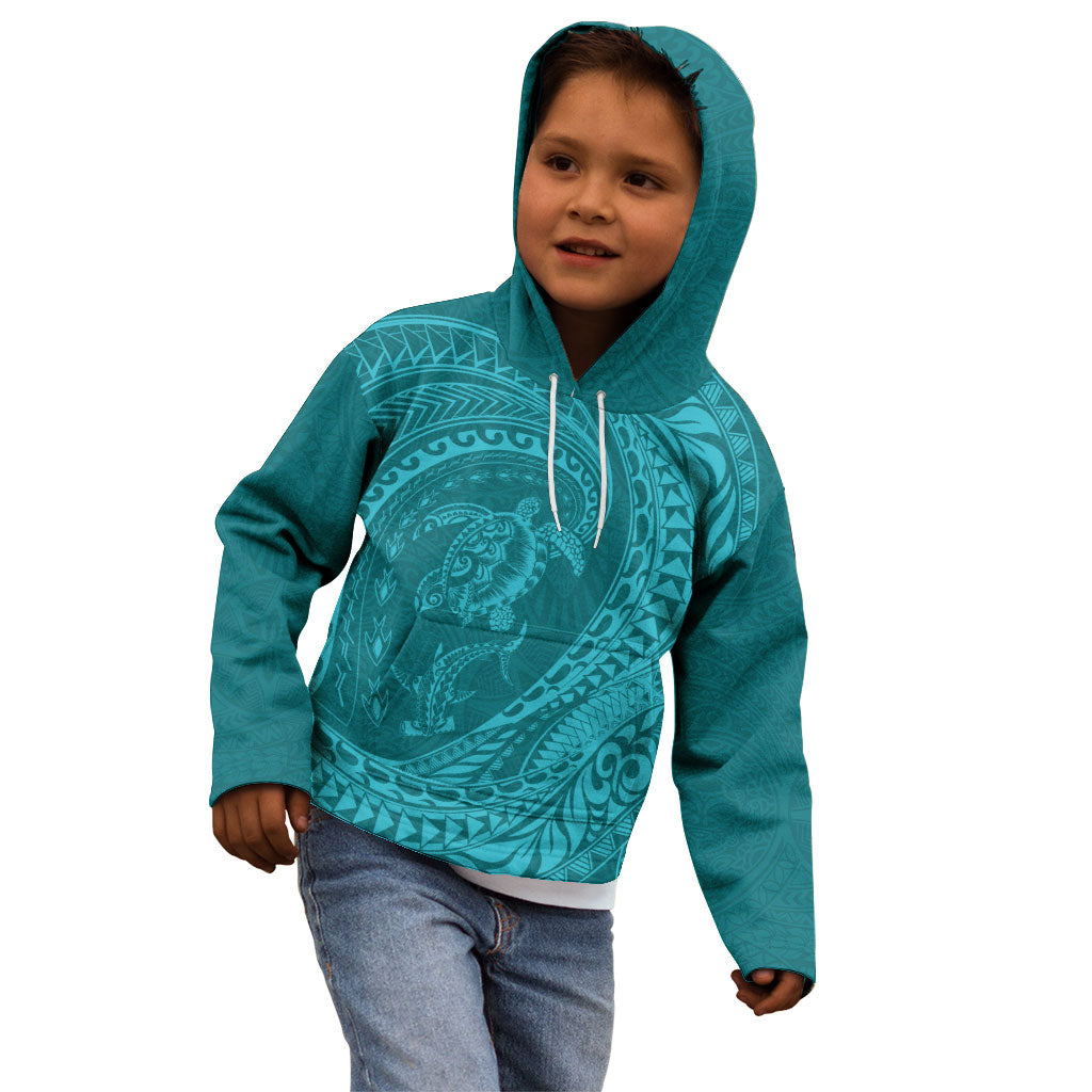 Hawaiian Turtle and Shark Kid Hoodie Kakau Tribal with Polynesian Pattern Turquoise Color