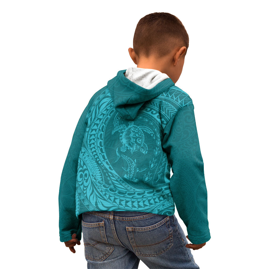 Hawaiian Turtle and Shark Kid Hoodie Kakau Tribal with Polynesian Pattern Turquoise Color