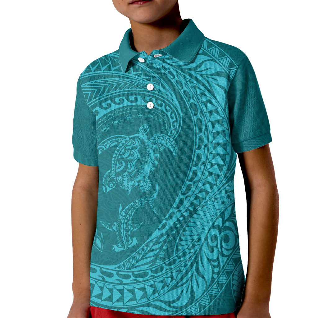 Hawaiian Turtle and Shark Kid Polo Shirt Kakau Tribal with Polynesian Pattern Turquoise Color