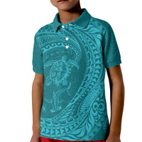 Hawaiian Turtle and Shark Kid Polo Shirt Kakau Tribal with Polynesian Pattern Turquoise Color