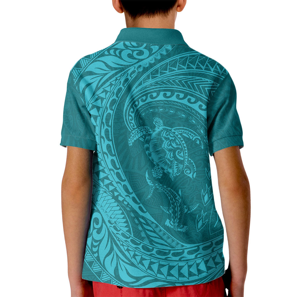Hawaiian Turtle and Shark Kid Polo Shirt Kakau Tribal with Polynesian Pattern Turquoise Color