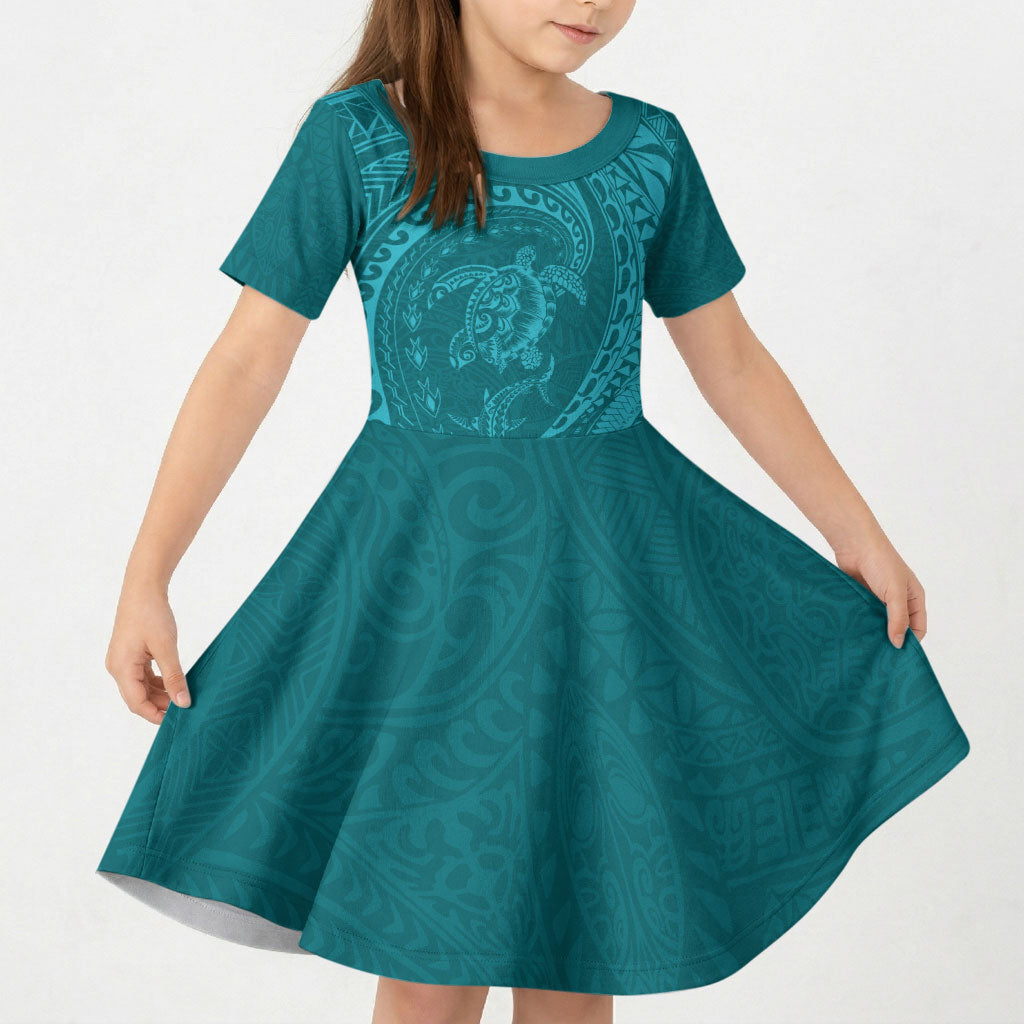 Hawaiian Turtle and Shark Kid Short Sleeve Dress Kakau Tribal with Polynesian Pattern Turquoise Color