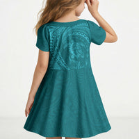 Hawaiian Turtle and Shark Kid Short Sleeve Dress Kakau Tribal with Polynesian Pattern Turquoise Color