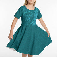 Hawaiian Turtle and Shark Kid Short Sleeve Dress Kakau Tribal with Polynesian Pattern Turquoise Color