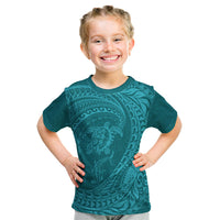 Hawaiian Turtle and Shark Kid T Shirt Kakau Tribal with Polynesian Pattern Turquoise Color
