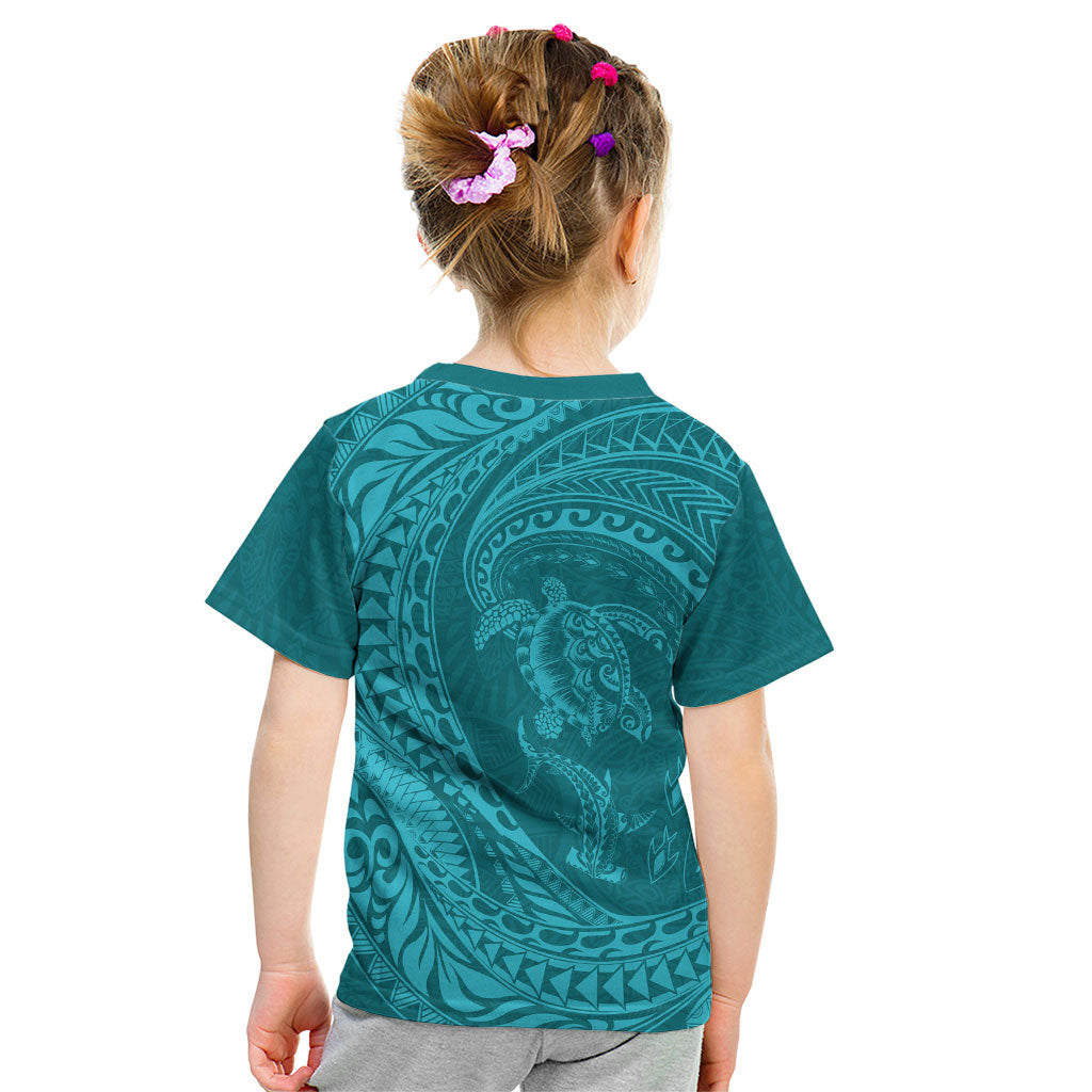 Hawaiian Turtle and Shark Kid T Shirt Kakau Tribal with Polynesian Pattern Turquoise Color