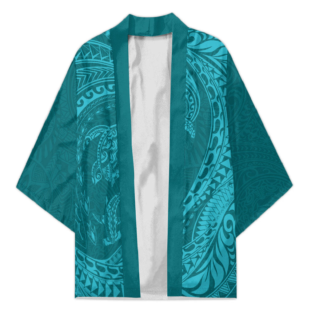 Hawaiian Turtle and Shark Kimono Kakau Tribal with Polynesian Pattern Turquoise Color