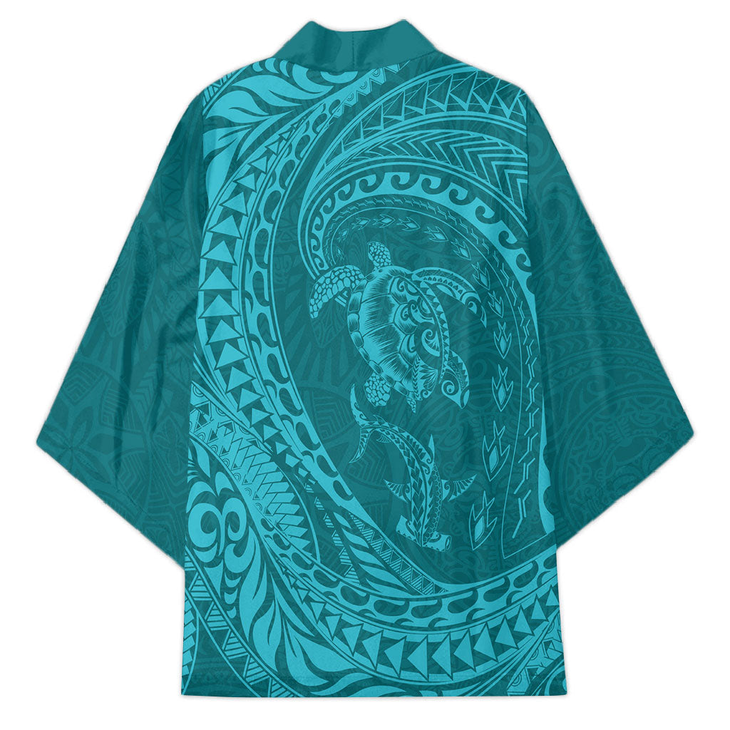 Hawaiian Turtle and Shark Kimono Kakau Tribal with Polynesian Pattern Turquoise Color