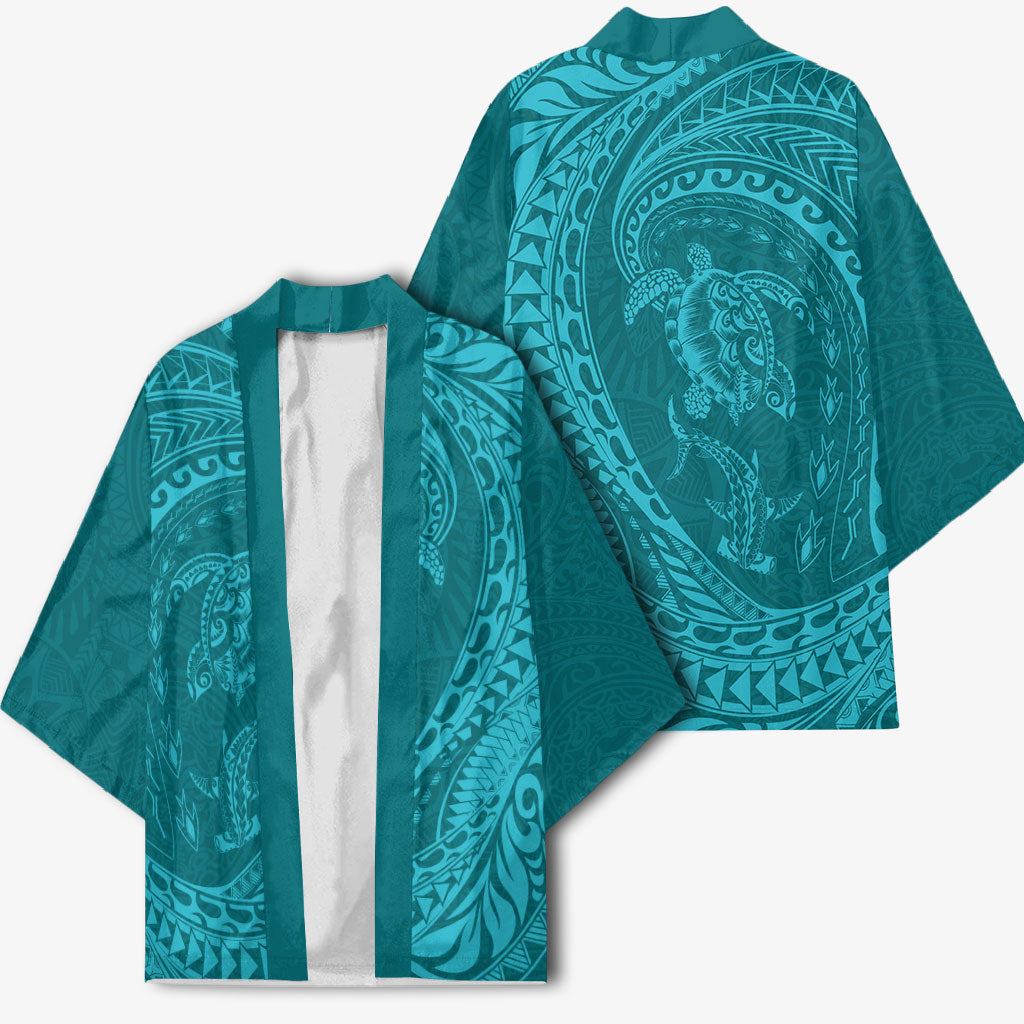 Hawaiian Turtle and Shark Kimono Kakau Tribal with Polynesian Pattern Turquoise Color