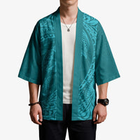 Hawaiian Turtle and Shark Kimono Kakau Tribal with Polynesian Pattern Turquoise Color