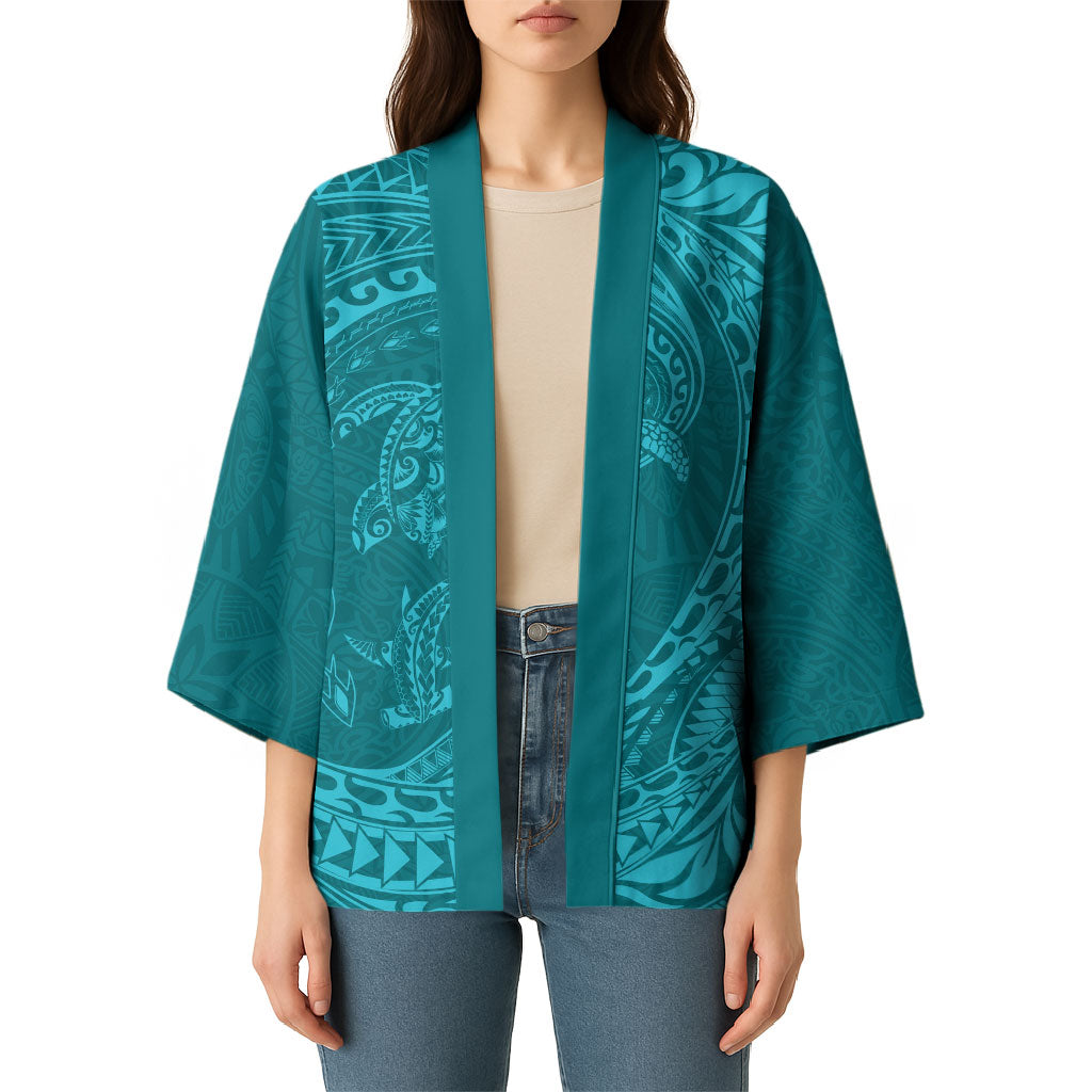Hawaiian Turtle and Shark Kimono Kakau Tribal with Polynesian Pattern Turquoise Color