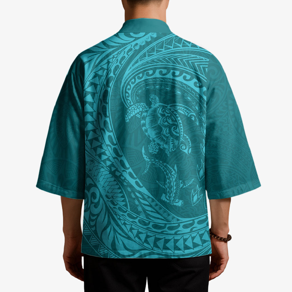 Hawaiian Turtle and Shark Kimono Kakau Tribal with Polynesian Pattern Turquoise Color