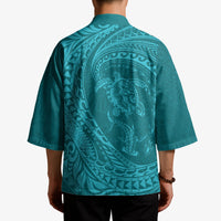 Hawaiian Turtle and Shark Kimono Kakau Tribal with Polynesian Pattern Turquoise Color
