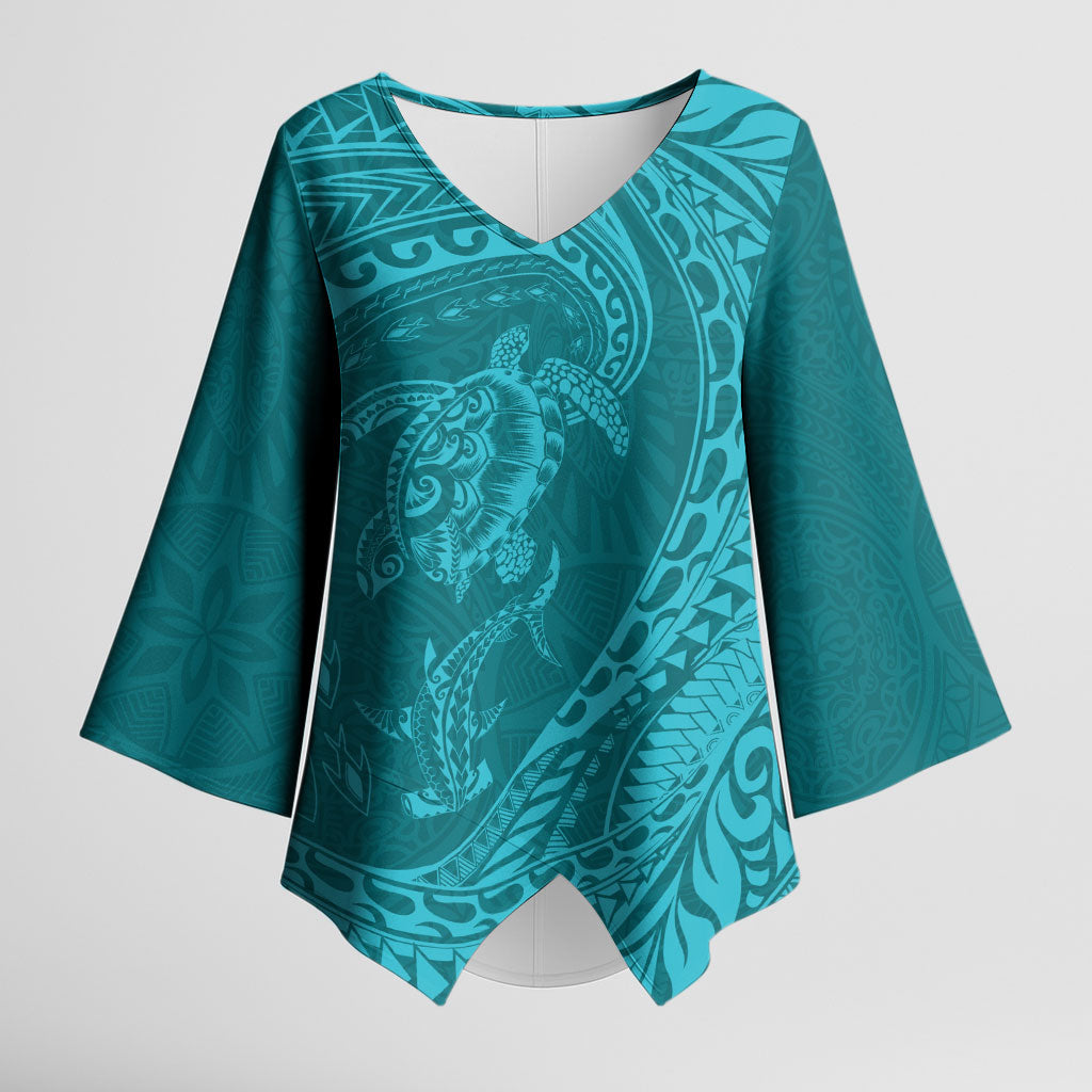 Hawaiian Turtle and Shark Kimono Sleeve Blouse Kakau Tribal with Polynesian Pattern Turquoise Color