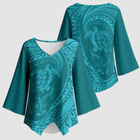 Hawaiian Turtle and Shark Kimono Sleeve Blouse Kakau Tribal with Polynesian Pattern Turquoise Color