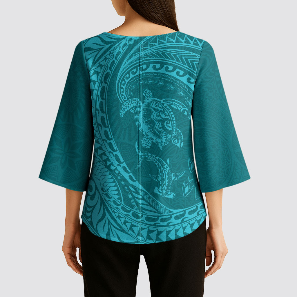 Hawaiian Turtle and Shark Kimono Sleeve Blouse Kakau Tribal with Polynesian Pattern Turquoise Color