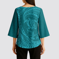 Hawaiian Turtle and Shark Kimono Sleeve Blouse Kakau Tribal with Polynesian Pattern Turquoise Color