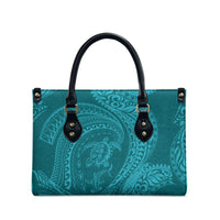 Hawaiian Turtle and Shark Leather Bag Kakau Tribal with Polynesian Pattern Turquoise Color
