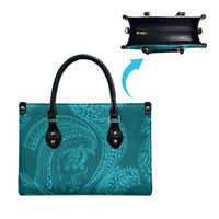 Hawaiian Turtle and Shark Leather Bag Kakau Tribal with Polynesian Pattern Turquoise Color