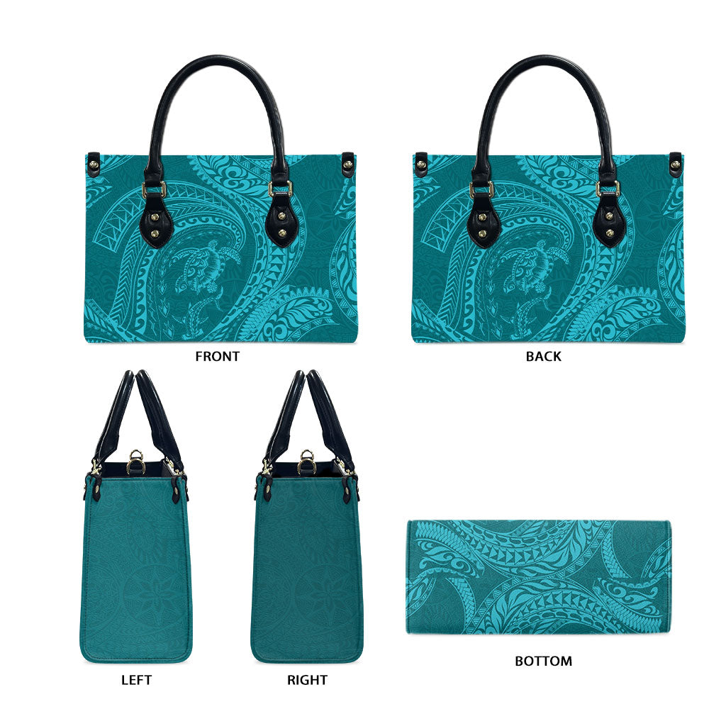 Hawaiian Turtle and Shark Leather Bag Kakau Tribal with Polynesian Pattern Turquoise Color
