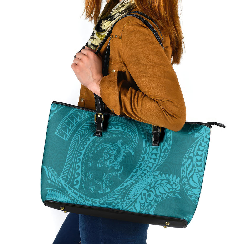 Hawaiian Turtle and Shark Leather Tote Bag Kakau Tribal with Polynesian Pattern Turquoise Color