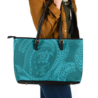 Hawaiian Turtle and Shark Leather Tote Bag Kakau Tribal with Polynesian Pattern Turquoise Color