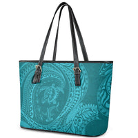 Hawaiian Turtle and Shark Leather Tote Bag Kakau Tribal with Polynesian Pattern Turquoise Color