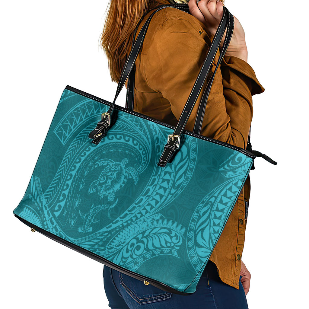 Hawaiian Turtle and Shark Leather Tote Bag Kakau Tribal with Polynesian Pattern Turquoise Color