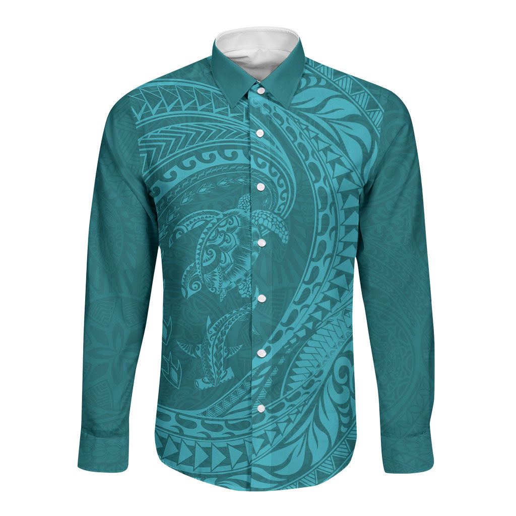 Hawaiian Turtle and Shark Long Sleeve Button Shirt Kakau Tribal with Polynesian Pattern Turquoise Color