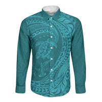 Hawaiian Turtle and Shark Long Sleeve Button Shirt Kakau Tribal with Polynesian Pattern Turquoise Color