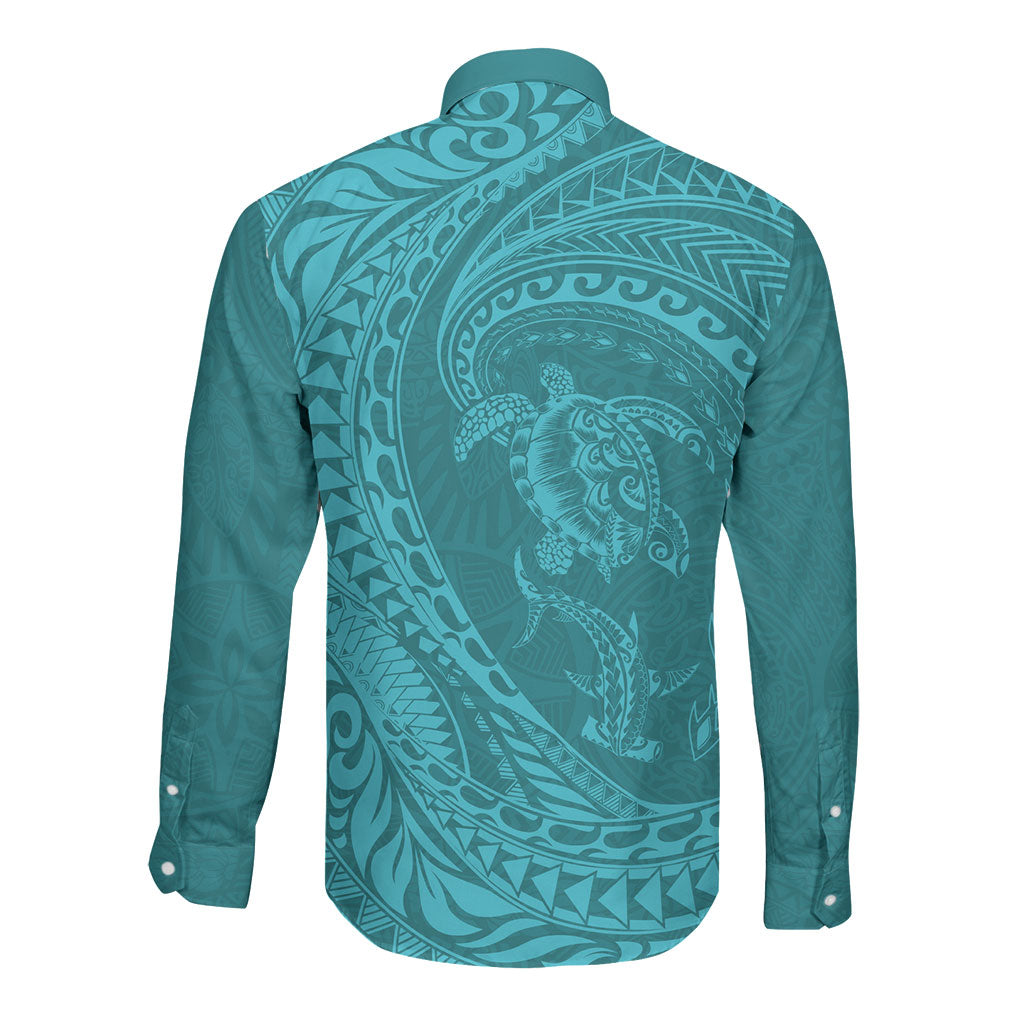 Hawaiian Turtle and Shark Long Sleeve Button Shirt Kakau Tribal with Polynesian Pattern Turquoise Color