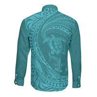Hawaiian Turtle and Shark Long Sleeve Button Shirt Kakau Tribal with Polynesian Pattern Turquoise Color