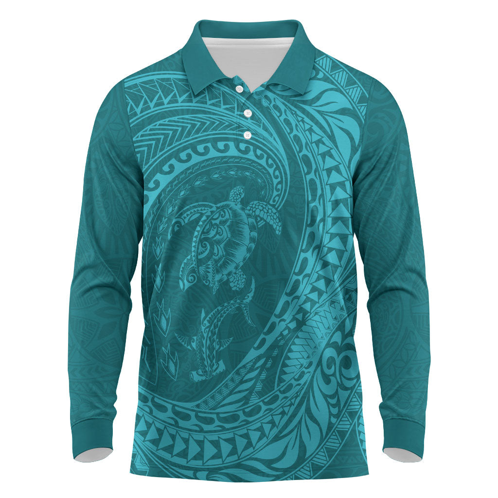 Hawaiian Turtle and Shark Long Sleeve Polo Shirt Kakau Tribal with Polynesian Pattern Turquoise Color