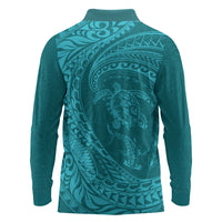 Hawaiian Turtle and Shark Long Sleeve Polo Shirt Kakau Tribal with Polynesian Pattern Turquoise Color