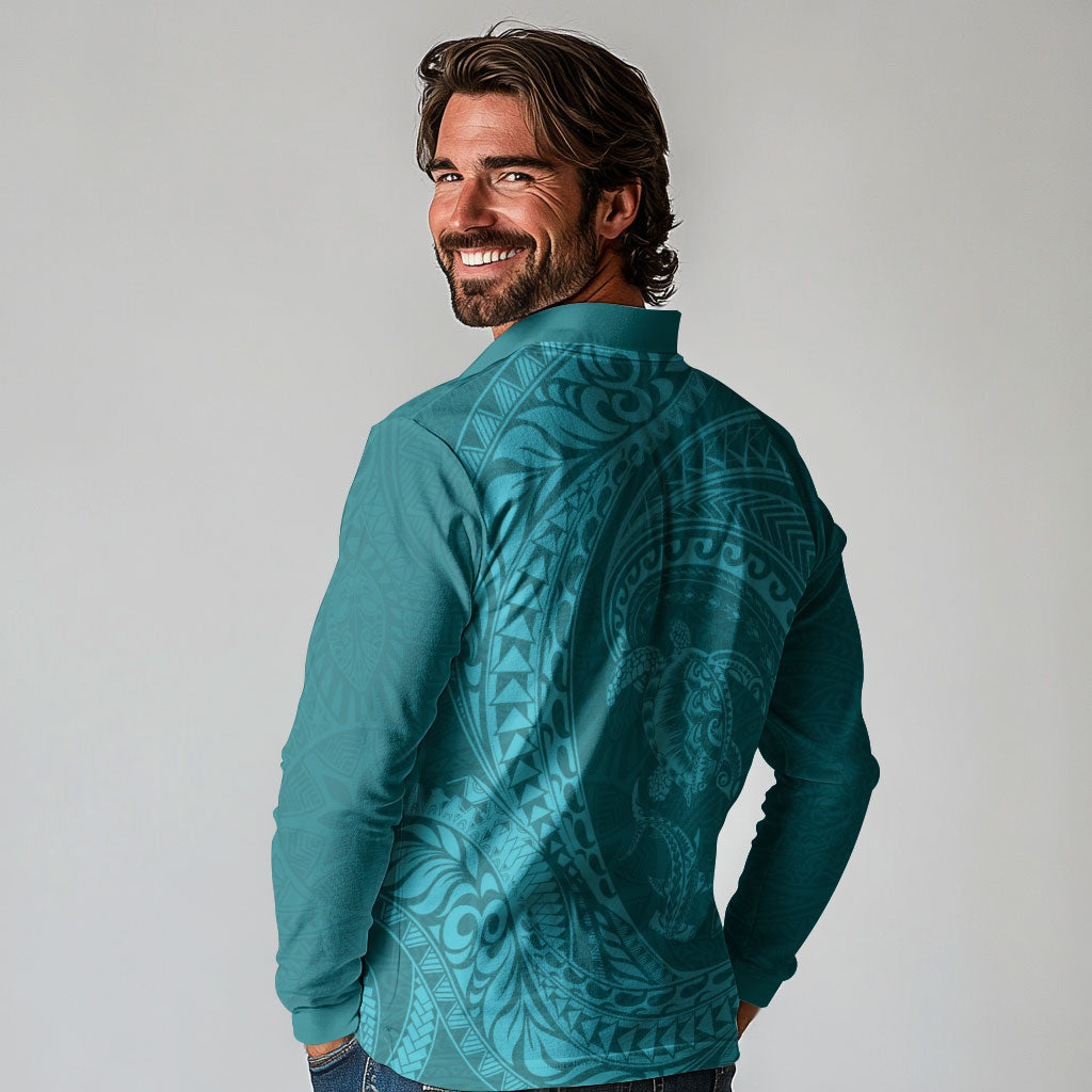 Hawaiian Turtle and Shark Long Sleeve Polo Shirt Kakau Tribal with Polynesian Pattern Turquoise Color