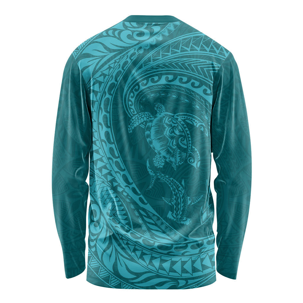 Hawaiian Turtle and Shark Long Sleeve Shirt Kakau Tribal with Polynesian Pattern Turquoise Color