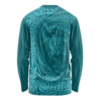 Hawaiian Turtle and Shark Long Sleeve Shirt Kakau Tribal with Polynesian Pattern Turquoise Color